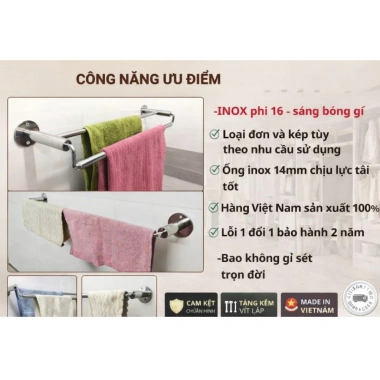 Giá treo khăn nhà tắm ĐƠN KÉP INOX - Chân đế đặc bắn tường, 4 size, tặng ốc vít 2 Giá treo khăn nhà tắm ĐƠN KÉP INOX - Chân đế đặc bắn tường, 4 size, tặng ốc vít 2