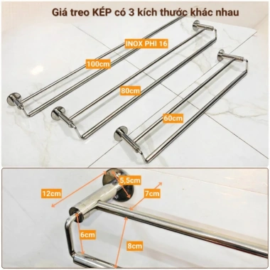 Giá treo khăn nhà tắm ĐƠN KÉP INOX - Chân đế đặc bắn tường, 4 size, tặng ốc vít