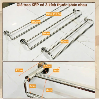 Giá treo khăn nhà tắm ĐƠN KÉP INOX - Chân đế đặc bắn tường, 4 size, tặng ốc vít