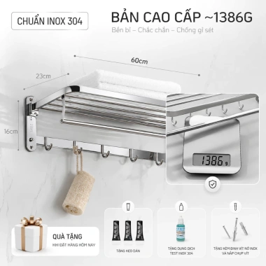 Giá Treo Khăn Phòng Tắm Inox 304 MoLuux 2 Tầng Gấp Gọn 5 Móc Dài 60cm - Dày Nặng 1.386g - Giá Ưu Đãi 305.000