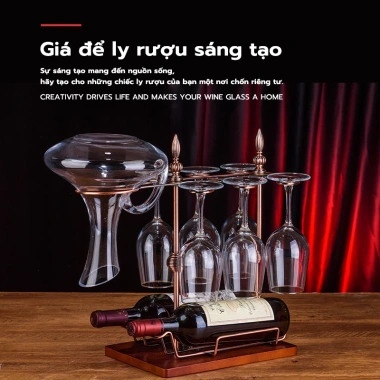 Giá treo ly rượu vang cổ điển kim loại đồng, treo 6 ly, có ngăn chai - 198.000 VND
