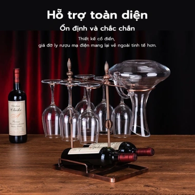 Giá treo ly rượu vang cổ điển kim loại đồng, treo 6 ly, có ngăn chai - 198.000 VND