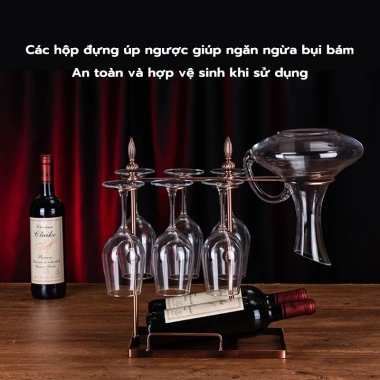 Giá treo ly rượu vang cổ điển kim loại đồng, treo 6 ly, có ngăn chai - 198.000 VND