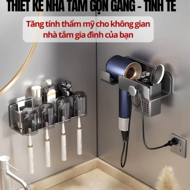 Giá Treo Máy Sấy Tóc Dán Tường HIKARI Nhôm Không Khoan Chống Gỉ, Kèm Giỏ Đựng Đồ