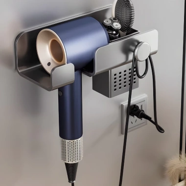 Giá Treo Máy Sấy Tóc Dán Tường HIKARI Nhôm Không Khoan Chống Gỉ, Kèm Giỏ Đựng Đồ
