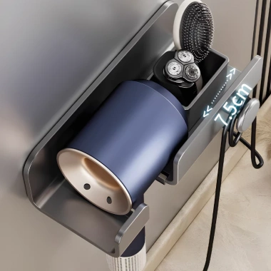 Giá Treo Máy Sấy Tóc Dán Tường HIKARI Nhôm Không Khoan Chống Gỉ, Kèm Giỏ Đựng Đồ