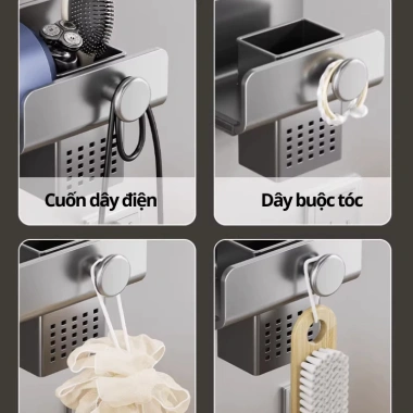 Giá Treo Máy Sấy Tóc Dán Tường HIKARI Nhôm Không Khoan Chống Gỉ, Kèm Giỏ Đựng Đồ