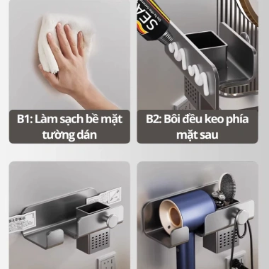 Giá Treo Máy Sấy Tóc Dán Tường HIKARI Nhôm Không Khoan Chống Gỉ, Kèm Giỏ Đựng Đồ