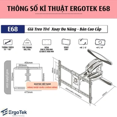 Giá treo tivi xoay góc đa năng ErgoTek E64/E65/E66/E68 TV 32-82 inch - Tiết kiệm