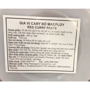 Gia vị cà ri ĐỎ và XANH Mae Ploy 400g Thái Lan - Giảm giá 20% chỉ 80.000₫ 9 Gia vị cà ri ĐỎ và XANH Mae Ploy 400g Thái Lan - Giảm giá 20% chỉ 80.000₫ 9