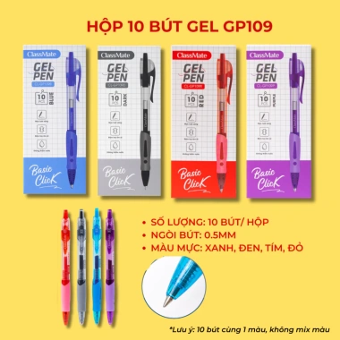 Giảm 5k - Hộp 10 Bút Gel Classmate CL‑GP109 0.5mm, Thay Thế Mực Xanh Đen Tím, Giá 30.000₫ 5