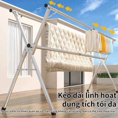Giàn Phơi Quần Áo Inox Thông Minh Gấp Gọn Bánh Xe 1.6-2.4m Tiết Kiệm Không Gian