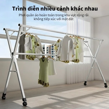 Giàn Phơi Quần Áo Inox Thông Minh Gấp Gọn Bánh Xe 1.6-2.4m Tiết Kiệm Không Gian