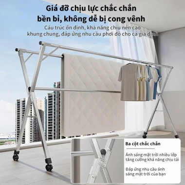 Giàn Phơi Quần Áo Inox Thông Minh Gấp Gọn Bánh Xe 1.6-2.4m Tiết Kiệm Không Gian