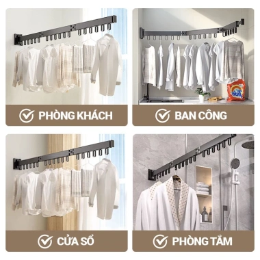 Giàn Phơi Quần Áo Treo Tường Gấp Gọn Hợp Kim Nhôm Không Cần Khoan, Diện Tích Nhỏ 240k