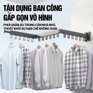 Giàn Phơi Quần Áo Treo Tường Gấp Gọn Hợp Kim Nhôm Không Cần Khoan, Diện Tích Nhỏ 240k