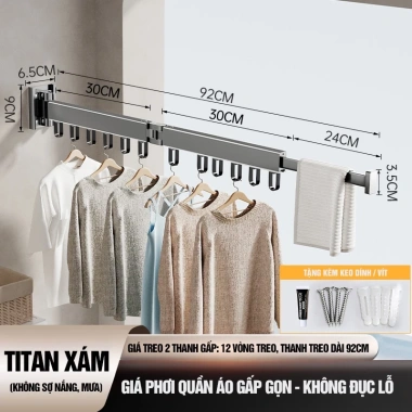 Giàn Phơi Quần Áo Treo Tường Gấp Gọn Hợp Kim Nhôm Không Cần Khoan, Diện Tích Nhỏ 240k