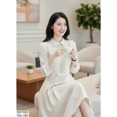 Giao Ngay DVC Chính Hãng – Váy Liền Công Sở Cao Cấp DS7.305 Màu Kem Dáng Xòe Thanh Lịch, Giá 451k VND 3