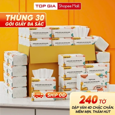Giấy ăn rút đa sắc Topgia 30 gói 240 tờ 4 lớp dập vân 4D cấp, mềm mịn, thấm hút