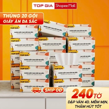 Giấy ăn rút đa sắc Topgia 30 gói 240 tờ 4 lớp dập vân 4D cấp, mềm mịn, thấm hút 10