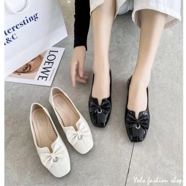 Giày bệt búp bê nữ mũi vuông da bóng, đính nơ xinh, da mềm êm chân - Giá 180.000₫