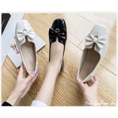 Giày bệt búp bê nữ mũi vuông da bóng, đính nơ xinh, da mềm êm chân - Giá 180.000₫