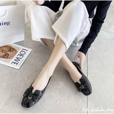 Giày bệt búp bê nữ mũi vuông da bóng, đính nơ xinh, da mềm êm chân - Giá 180.000₫