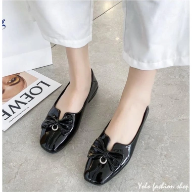 Giày bệt búp bê nữ mũi vuông da bóng, đính nơ xinh, da mềm êm chân - Giá 180.000₫