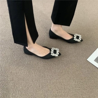 Giày bệt mũi nhọn da lộn nữ miệng nông, đa năng công sở, cô dâu, đế xuồng