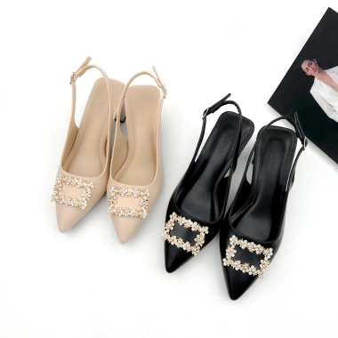 Giày Bít Mũi Nữ 5cm Phối Nơ Da Thật Slingback Cao Gót Mũi Nhọn Đế Vuông NUDDO N5.555 475k 2