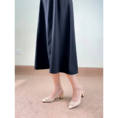 Giày Bít Mũi Nữ 5cm Phối Nơ Da Thật Slingback Cao Gót Mũi Nhọn Đế Vuông NUDDO N5.555 475k 8