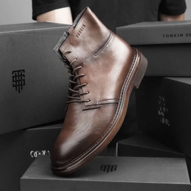 Giày boot nam da thật màu đen và nâu fade, cao cổ, khóa kéo, phong cách công sở