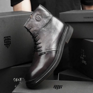 Giày boot nam da thật màu đen và nâu fade, cao cổ, khóa kéo, phong cách công sở