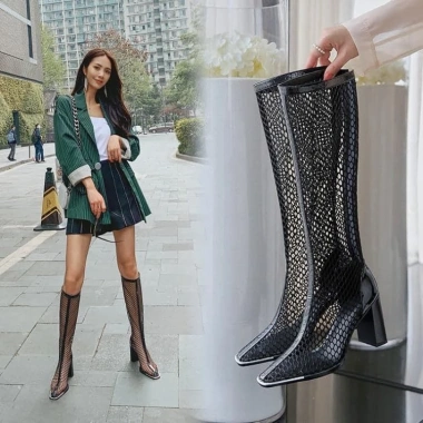 Giày boots nữ đùi lưới cao gót 9p, gót vuông mũi viền bạc, khóa sau - Thời trang du lịch, giá chỉ 419k 2