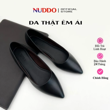 Giày Búp Bê Bệt Nữ Mũi Nhọn Da Thật - Guốc Nữ Đế Bằng Siêu Êm NUDDO NT009 379k