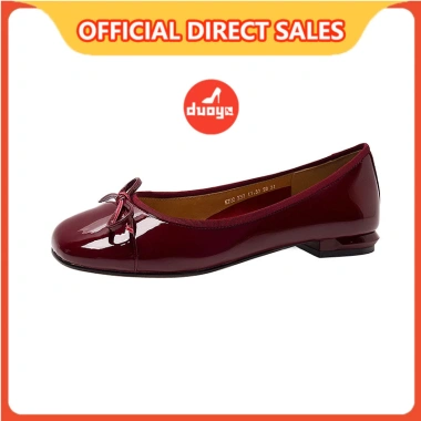 Giày búp bê da bóng gót dày mũi vuông đính nơ đỏ rượu vang – Thời trang nữ