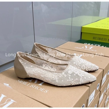 Giày búp bê mũi nhọn vải lưới thêu hoa đế đỏ cao cấp - Full box 410k