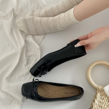 Giày búp bê nữ BB1 Tiemgiaycuato đế bệt mũi vuông, đính nơ, da 2 lớp bạc đen, lót êm ái - giảm giá 22% 10