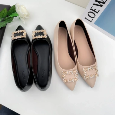 Giày Búp Bê Nữ Đế Bệt Mũi Nhọn Da Thật Phối Nơ Đá Da Mềm NUDDO NN220D 389k