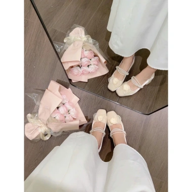 Giày búp bê nữ Hàn Quốc đính hoa trà, dây ngọc - Đế cao 4cm sang trọng tiệc, làm, dự cưới 5