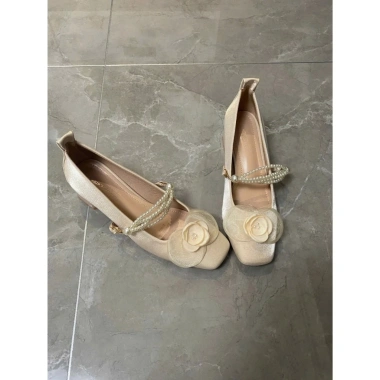 Giày búp bê nữ Hàn Quốc đính hoa trà, dây ngọc - Đế cao 4cm sang trọng tiệc, làm, dự cưới 6