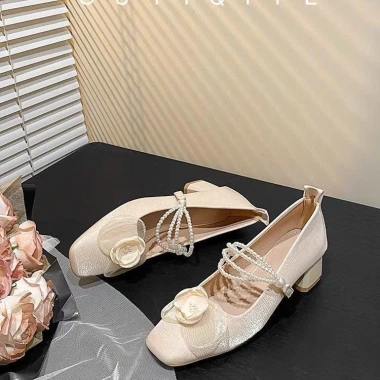 Giày búp bê nữ Hàn Quốc đính hoa trà, dây ngọc - Đế cao 4cm sang trọng tiệc, làm, dự cưới 9