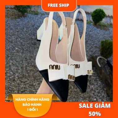 Giày búp bê nữ mũi nhọn gót vuông 5p nơ miu miu, chất tuyết nhung mịn - 169k