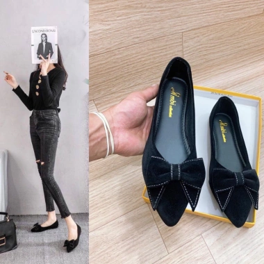 Giày búp bê nữ mũi nhọn, nơ nhung xinh xắn - Giá giảm 107.800đ