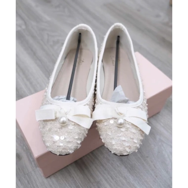 Giày Búp Bê Ren Dạ Tweed Đính Nơ Ngọc Hot Trend - Đen Trắng Hồng 620k Giảm 19% 10