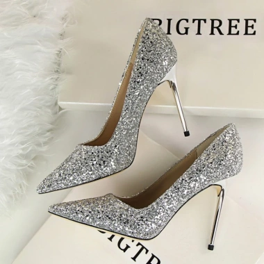 Giày cao gót BIGTREE 9.219-1 - Kim tuyền sequin, size lớn, gót nhọn, chính hãng 509k 3