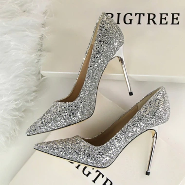 Giày cao gót BIGTREE 9.219-1 - Kim tuyền sequin, size lớn, gót nhọn, chính hãng 509k 8