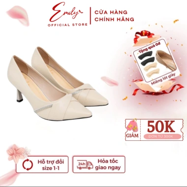 Giày Cao Gót Emily công sở 7 phân mũi nhọn, phối đá, sang trọng FORM RỘNG 229k