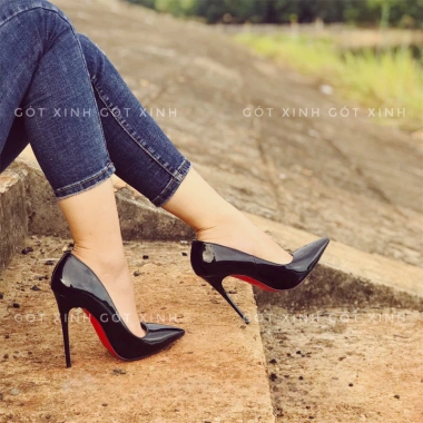 Giày cao gót GÓT XINH đen da bóng bít mũi nhọn size 8‑12 giảm giá 259.888₫