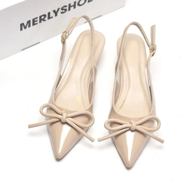 Giày cao gót Merly 3cm Nơ Phồng mũi nhọn hở gót 35‑43 3 màu Đen Kem Đỏ Đi tiệc công sở